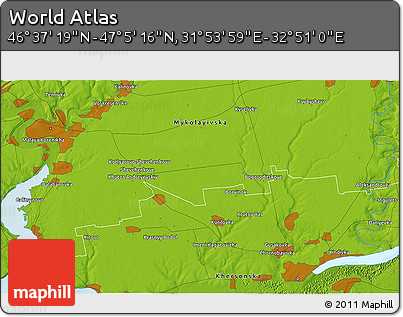 Physical 3D Map of the Area around 46° 51' 18" N, 32° 22' 30" E