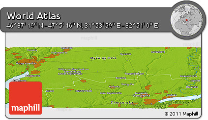 Physical Panoramic Map of the Area around 46° 51' 18" N, 32° 22' 30" E