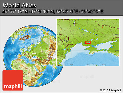 Physical Location Map of the Area around 46° 51' 18" N, 33° 13' 30" E