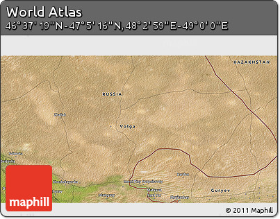 Satellite 3D Map of the Area around 46° 51' 18" N, 48° 31' 29" E