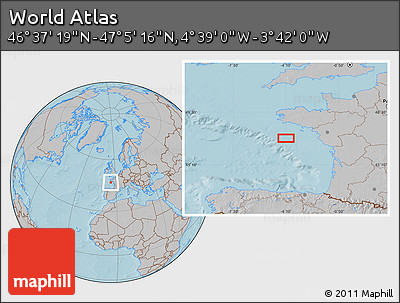 Gray Location Map of the Area around 46° 51' 18" N, 4° 10' 30" W, hill shading
