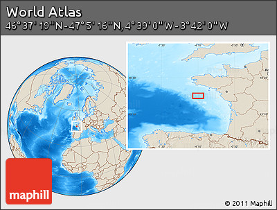 Shaded Relief Location Map of the Area around 46° 51' 18" N, 4° 10' 30" W