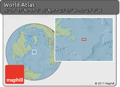 Savanna Style Location Map of the Area around 46° 51' 18" N, 50° 55' 29" W, hill shading