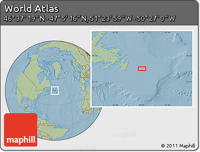 Savanna Style Location Map of the Area around 46° 51' 18" N, 50° 55' 29" W, hill shading