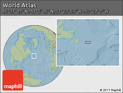 Savanna Style Location Map of the Area around 46° 51' 18" N, 50° 55' 29" W, hill shading