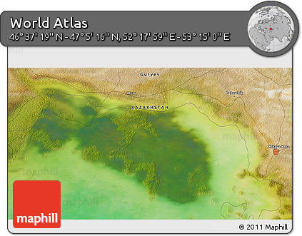 Satellite 3D Map of the Area around 46° 51' 18" N, 52° 46' 29" E