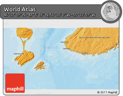 Political 3D Map of the Area around 46° 51' 18" N, 56° 1' 29" W