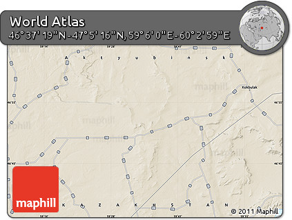 Shaded Relief Map of the Area around 46° 51' 18" N, 59° 34' 30" E