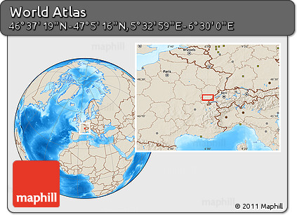 Shaded Relief Location Map of the Area around 46° 51' 18" N, 6° 1' 30" E