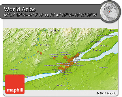 Physical 3D Map of the Area around 46° 51' 18" N, 71° 19' 29" W
