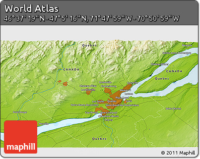 Physical 3D Map of the Area around 46° 51' 18" N, 71° 19' 29" W
