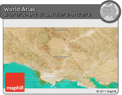 Satellite 3D Map of the Area around 46° 51' 18" N, 76° 34' 29" E