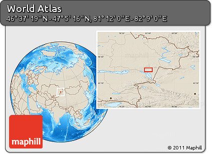 Shaded Relief Location Map of the Area around 46° 51' 18" N, 81° 40' 30" E