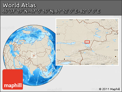 Shaded Relief Location Map of the Area around 46° 51' 18" N, 81° 40' 30" E