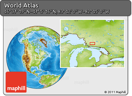 Physical Location Map of the Area around 46° 51' 18" N, 83° 13' 29" W