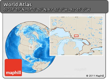 Shaded Relief Location Map of the Area around 46° 51' 18" N, 83° 13' 29" W