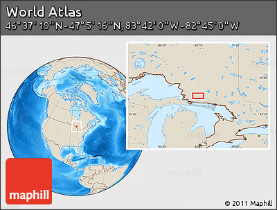 Shaded Relief Location Map of the Area around 46° 51' 18" N, 83° 13' 29" W