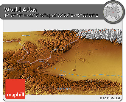 Physical 3D Map of the Area around 46° 51' 18" N, 85° 4' 29" E