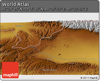 Physical 3D Map of the Area around 46° 51' 18" N, 85° 4' 29" E