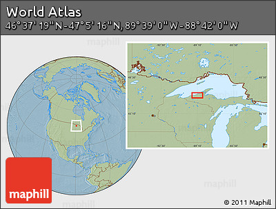 Savanna Style Location Map of the Area around 46° 51' 18" N, 89° 10' 30" W, hill shading