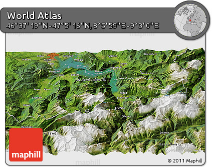 Satellite 3D Map of the Area around 46° 51' 18" N, 8° 34' 29" E