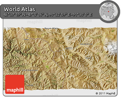 Satellite 3D Map of the Area around 46° 51' 18" N, 91° 1' 30" E
