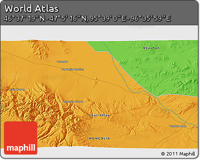 Political 3D Map of the Area around 46° 51' 18" N, 96° 7' 30" E