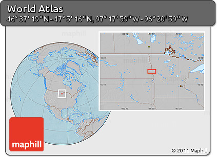 Gray Location Map of the Area around 46° 51' 18" N, 96° 49' 29" W, hill shading