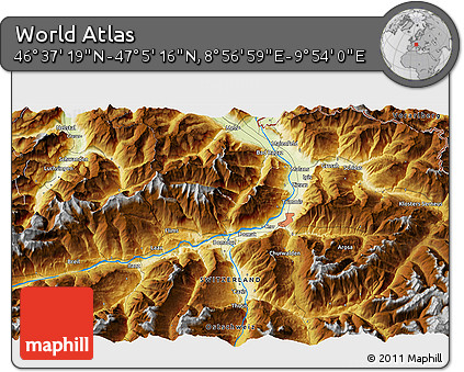 Physical 3D Map of the Area around 46° 51' 18" N, 9° 25' 30" E