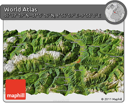 Satellite 3D Map of the Area around 46° 51' 18" N, 9° 25' 30" E