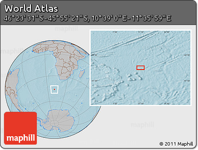 Gray Location Map of the Area around 46° 9' 26" S, 11° 7' 30" E, hill shading