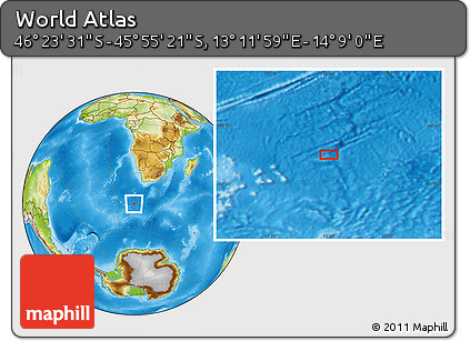 Physical Location Map of the Area around 46° 9' 26" S, 13° 40' 30" E