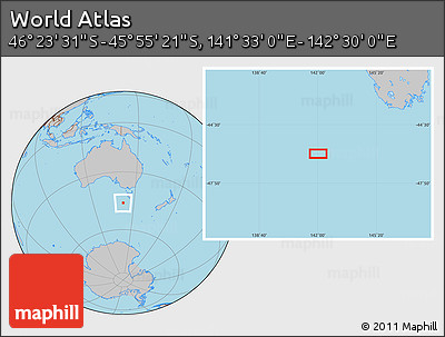 Gray Location Map of the Area around 46° 9' 26" S, 142° 1' 30" E