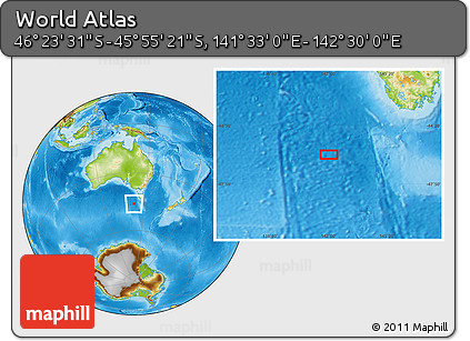 Physical Location Map of the Area around 46° 9' 26" S, 142° 1' 30" E
