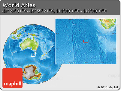 Physical Location Map of the Area around 46° 9' 26" S, 142° 1' 30" E