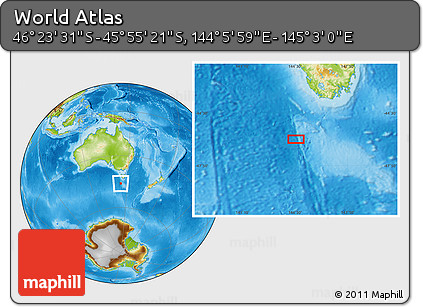 Physical Location Map of the Area around 46° 9' 26" S, 144° 34' 29" E