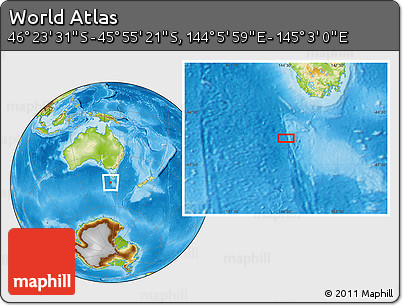 Physical Location Map of the Area around 46° 9' 26" S, 144° 34' 29" E