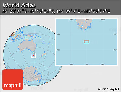 Gray Location Map of the Area around 46° 9' 26" S, 147° 7' 30" E