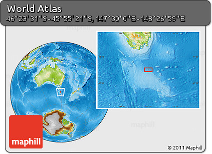 Physical Location Map of the Area around 46° 9' 26" S, 147° 58' 29" E