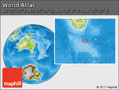 Physical Location Map of the Area around 46° 9' 26" S, 147° 58' 29" E