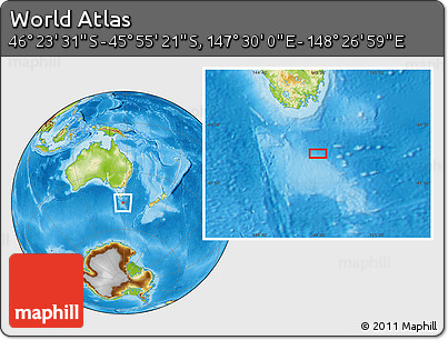 Physical Location Map of the Area around 46° 9' 26" S, 147° 58' 29" E