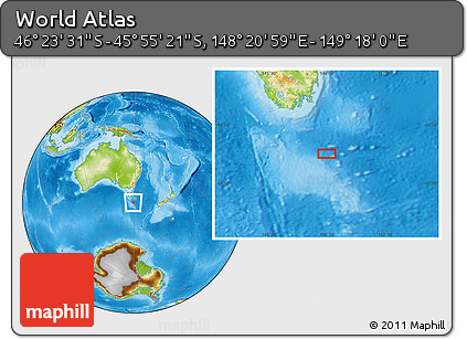 Physical Location Map of the Area around 46° 9' 26" S, 148° 49' 29" E