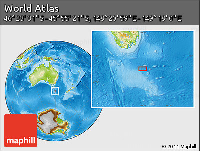 Physical Location Map of the Area around 46° 9' 26" S, 148° 49' 29" E