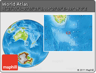 Physical Location Map of the Area around 46° 9' 26" S, 148° 49' 29" E