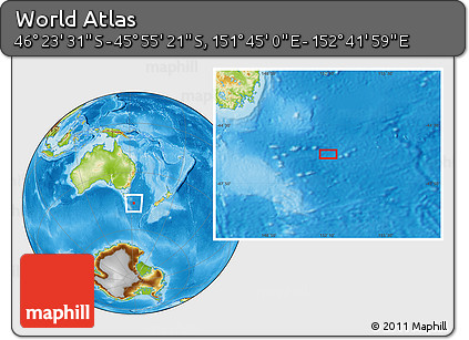 Physical Location Map of the Area around 46° 9' 26" S, 152° 13' 29" E