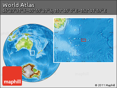 Physical Location Map of the Area around 46° 9' 26" S, 152° 13' 29" E