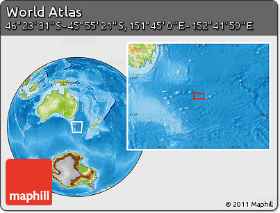 Physical Location Map of the Area around 46° 9' 26" S, 152° 13' 29" E