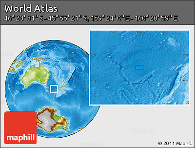 Physical Location Map of the Area around 46° 9' 26" S, 159° 52' 30" E