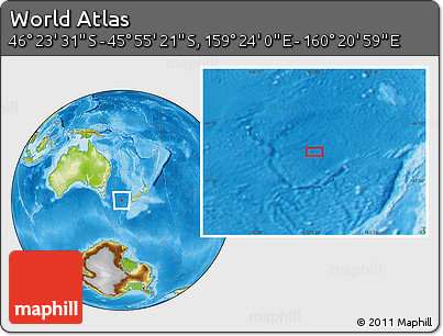 Physical Location Map of the Area around 46° 9' 26" S, 159° 52' 30" E