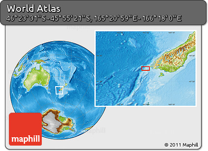 Physical Location Map of the Area around 46° 9' 26" S, 165° 49' 29" E